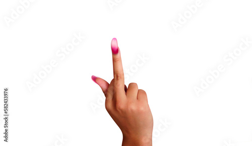 Jolie main de femme manucurée avec du vernis à ongles rose, qui fait un doigt d'honneur sur fond transparent photo