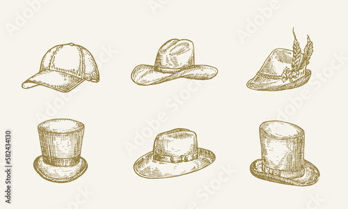 Hand Drawn Hats Vector Illustrations Collection. Head Wear Sketches Set. Isolated