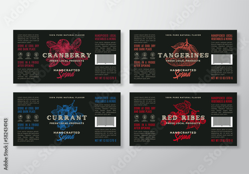 Handcrafted Spread or Jam Labels Template Set. Abstract Vector Packaging Design Layouts Set. Modern Typography Banners with Hand Drawn Berries and Tangerines Silhouettes Background.