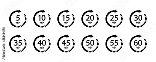 10, 15, 20, 25, 30, 35, 40, 45, 50 min,Timer, clock. Countdown timer icons set. Isolated vector illustration. 