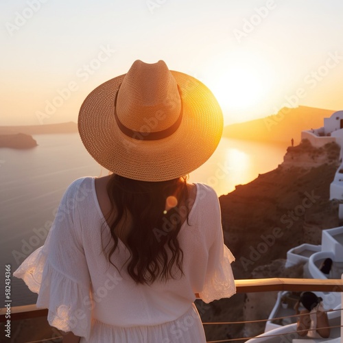 Woman Enjoying Sunset View over sea, AI Generative