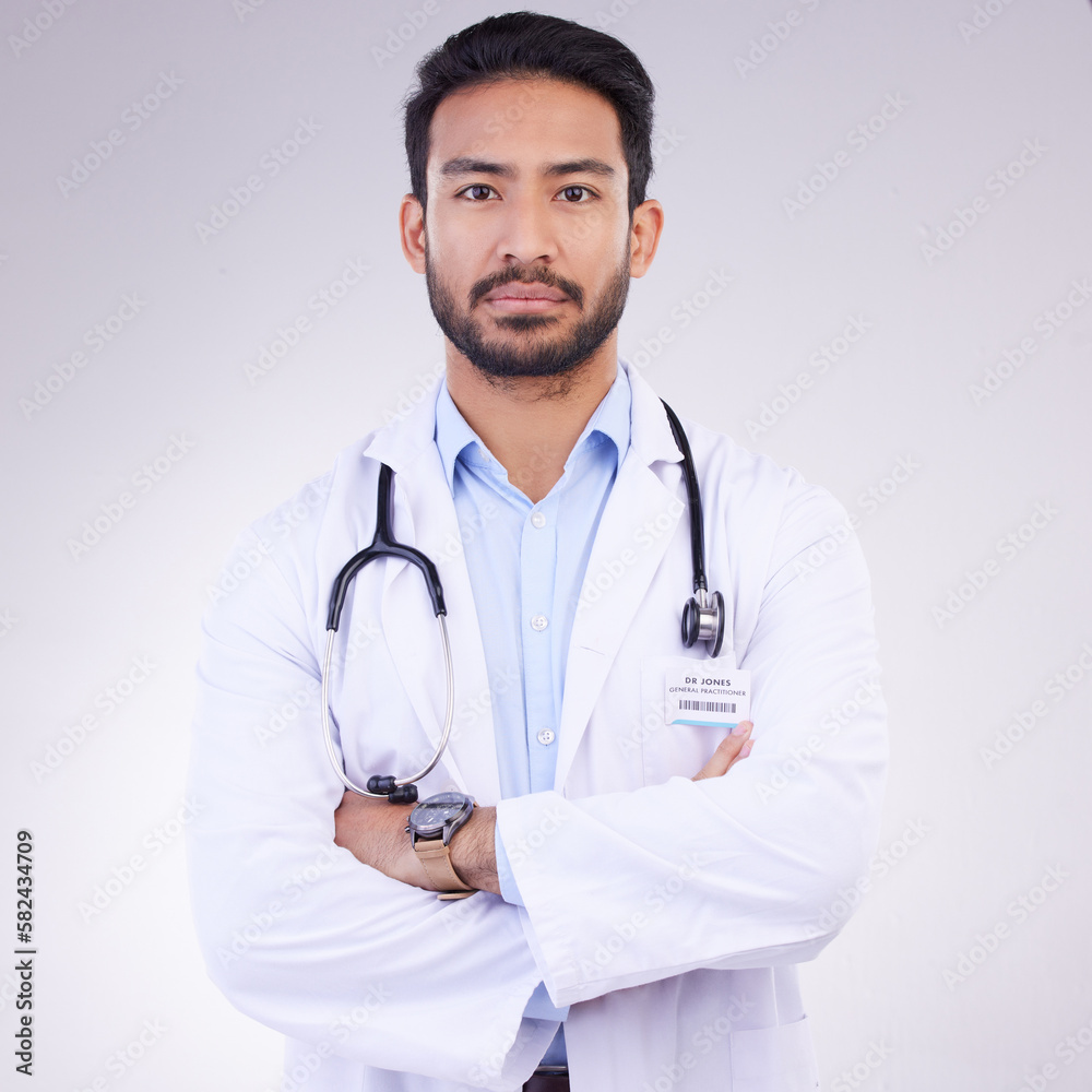 Proud portrait of man or doctor isolated on a white background for healthcare services, leadership and career mindset. Serious face of medical professional or asian person for cardiology in studio Proud portrait of man or doctor isolated on a white background for healthcare services, leadership and career mindset. Serious face of medical professional or asian person for cardiology in studio
