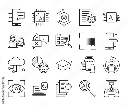 Set of artificial intelligence with editable stroke line icons. Machine learning ai robots vector illustrations.	
