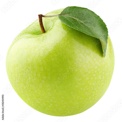 Foto Single green apple fruit with green leaf isolated on transparent background