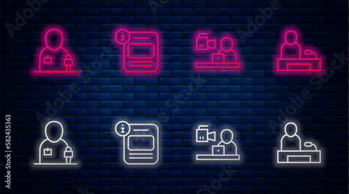 Set line Information, Breaking news, Journalist and Television report. Glowing neon icon on brick wall. Vector