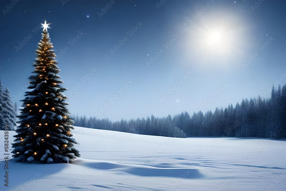 Landscape of a Christmas tree illuminated with festive lights in a snowy moonlit field. Generative AI