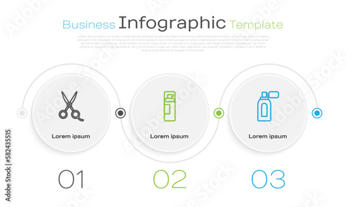 Set line Scissors hairdresser, Shaving gel foam and Aftershave with atomizer. Business infographic template. Vector