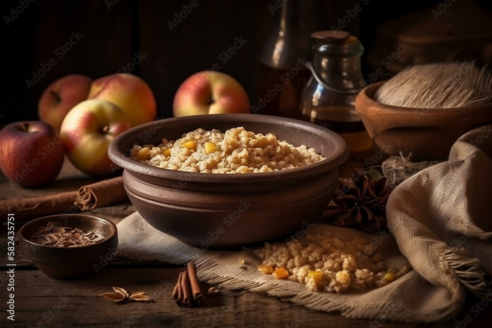 Ukrainian traditional dishes,Still life, kasha z yablukamy - a porridge made from millet or buckwheat and apples, often served with cinnamon and sugar. Generative AI