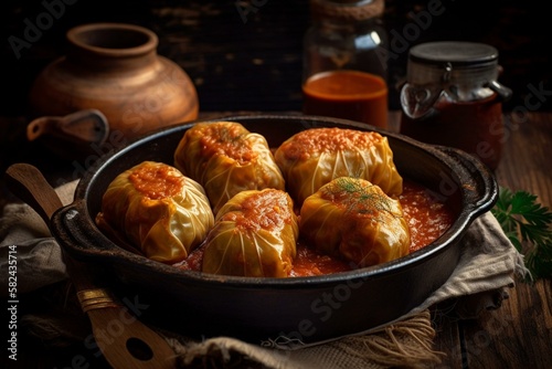 Ukrainian traditional dishes, Still life, holubtsi - stuffed cabbage rolls filled with ground meat and rice. Generative AI photo