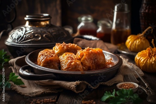 Ukrainian traditional dishes,Still life, holubtsi - stuffed cabbage rolls filled with ground meat and rice. Generative AI photo