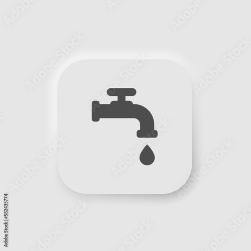 Watertap with waterdrop icon in neumorphism style. Icons for business, white UI, UX. Hygiene symbol. Water dispencer, washing hands. Neumorphic style. Vector illustration.