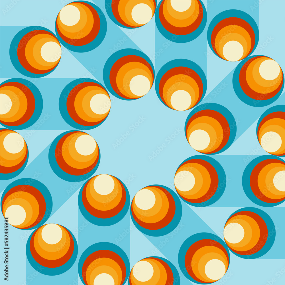 Vektorgrafik aus Kreisen im Retro-Stil in den Farben türkis, rot, orange und gelb.