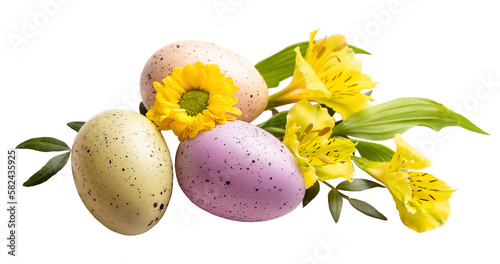 Obraz na płótnie PNG. Happy Easter. Three colorful eggs and spring yellow flowers. isolate w salonie