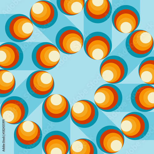Vektorgrafik aus Kreisen im Retro-Stil in den Farben türkis, rot, orange und gelb.