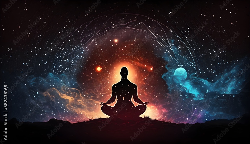 Lotus pose meditation silhouette, Astral body practicing yoga against cosmic background. Connection with other worlds. Spiritual life esoteric concept, radiating love to Universe