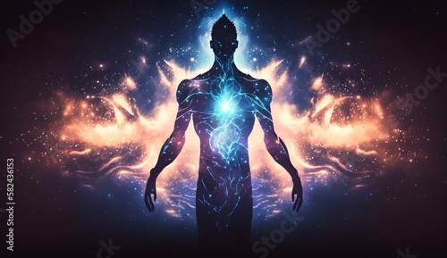 Lotus pose meditation silhouette, Astral body practicing yoga against cosmic background. Connection with other worlds. Spiritual life esoteric concept, radiating love to Universe