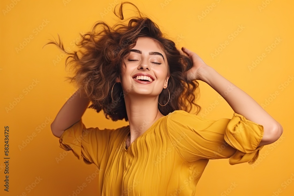 Happy Dancing Woman on a Yellow Background at a Party (Generative Ai) Happy Dancing Woman on a Yellow Background at a Party (Generative Ai)
