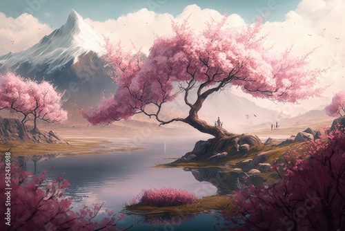 Sakura near the river landscape