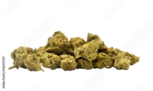 Close up of cannabis flower, clearly visible details isolated from background, cutout background png, marijuana flower with flower and transparent background shadow.
