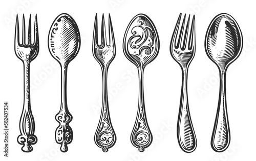 Fork and spoon, cutlery in sketch style. Cooking concept. Generative AI, vintage illustration for restaurant, cafe menu