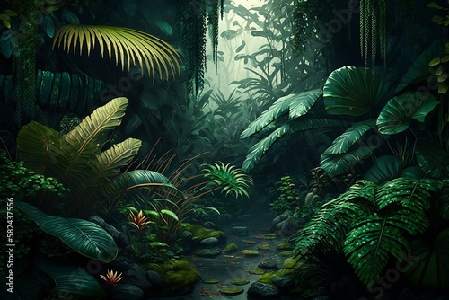 A lush Amazonian jungle  tropical forest  beautiful landscape with trees and bushes  shrubs and many other plants. Dark green foliage  rainforest. Nature illustration. Image is AI generated.