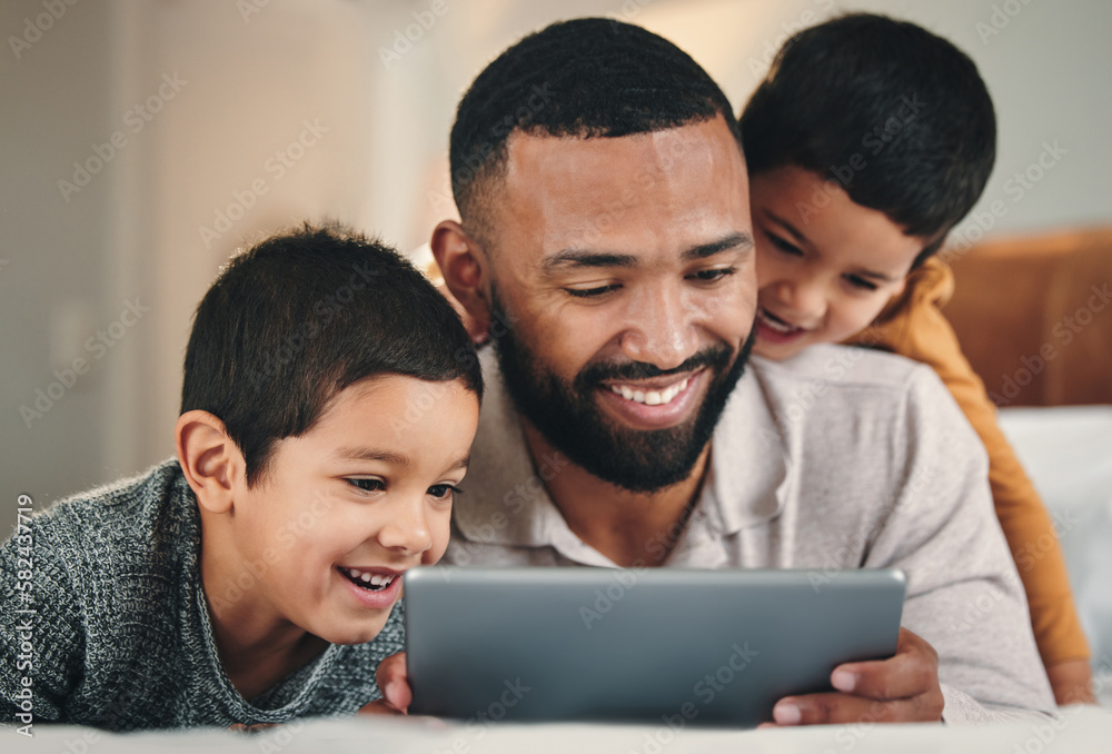 Father, boy kids and bed with tablet for bonding, love and streaming movie on web app with happiness. Man, children and bedroom in family home with touchscreen for game, e learning and relax together Father, boy kids and bed with tablet for bonding, love and streaming movie on web app with happiness. Man, children and bedroom in family home with touchscreen for game, e learning and relax together