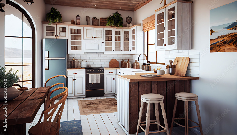 Coastal Retreat A Relaxing Kitchen with Beachy Accents and Natural Materials. Generative AI