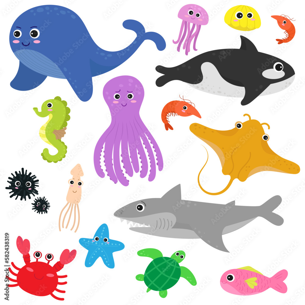 Cute animals in the sea set. Cute animals in the sea set.