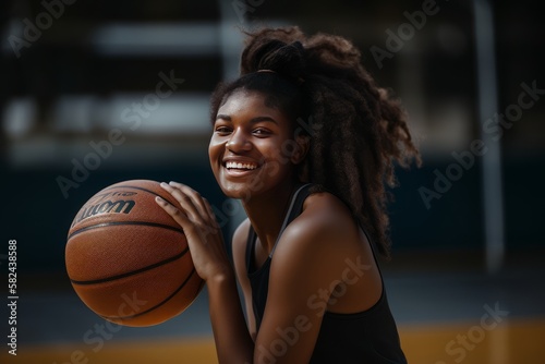 Black woman with glasses smiles while playing basketball. Generative AI.