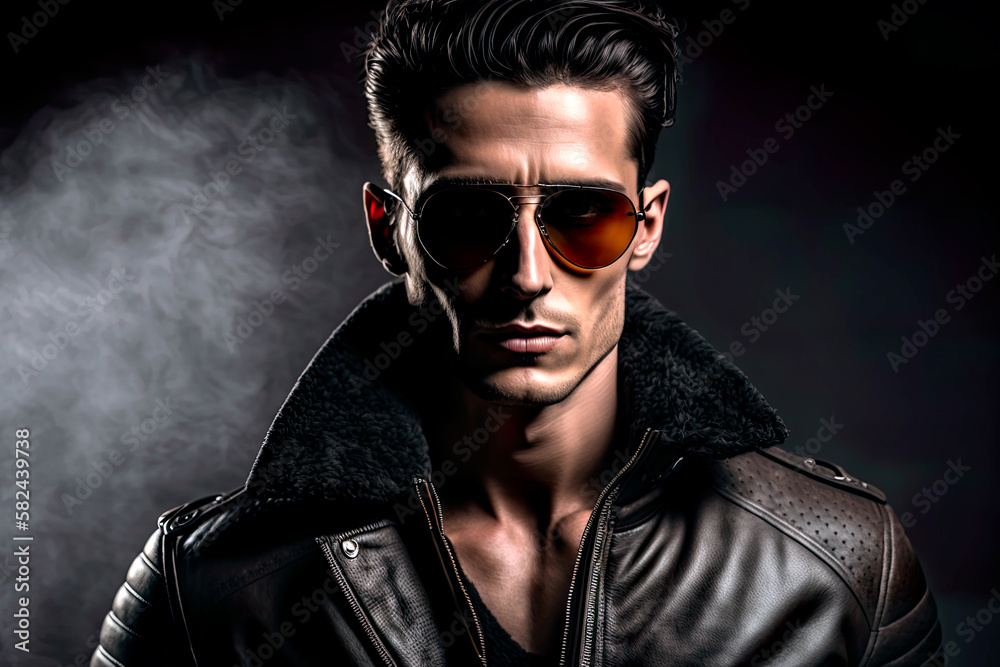 Portrait of stylish and attractive man with aviator sunglasses and leather jacket. Studio shot with copy space. Generative AI. Portrait of stylish and attractive man with aviator sunglasses and leather jacket. Studio shot with copy space. Generative AI.