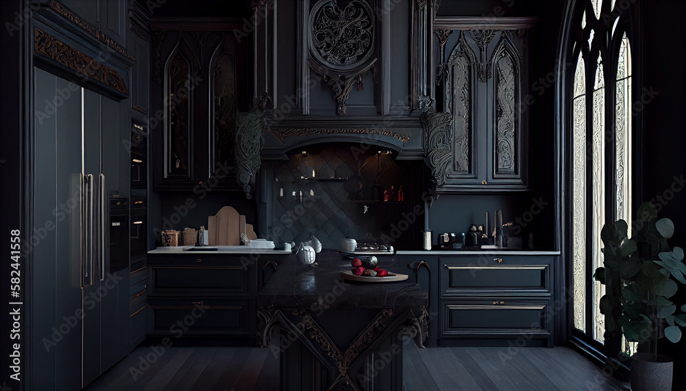 Editorial photography of kitchen interior in the style of Gothic