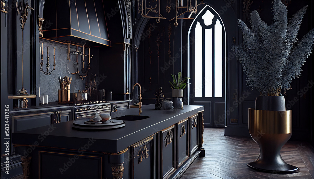 Gothic Glam A Dramatic Kitchen with Dark Accents and Ornate