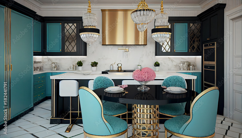 Hollywood Regency A Glamorous Kitchen with Mirrored Surfaces and Bold Accents Generative AI