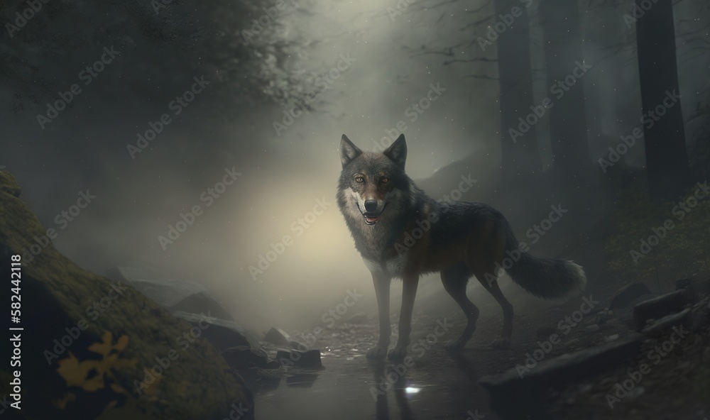Dark Forest Background With Wolf