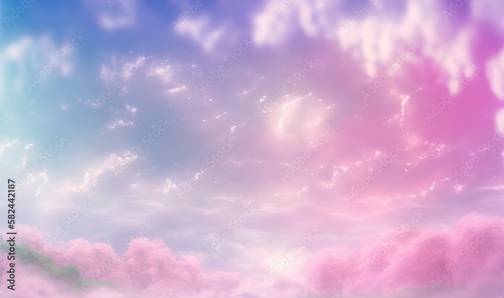 a pink and blue sky with clouds and a plane in the sky with a pink and ...