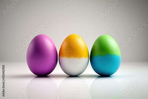 Three colorful Easter eggs on a white background, generative ai