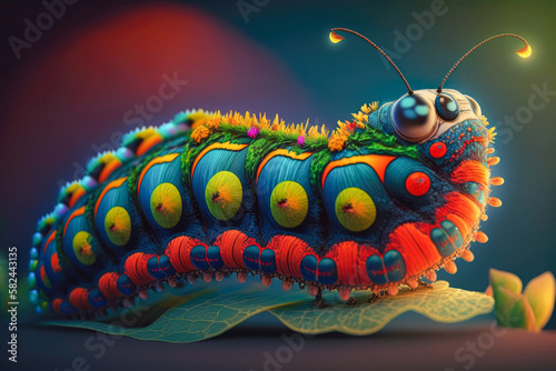 the transformation of a caterpillar into a butterfly, with bold and vibrant colors - Generative AI photo