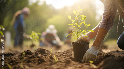 People planting trees or working in community garden promoting local food production and habitat restoration, concept of Sustainability and Community Engagement. Generative Ai