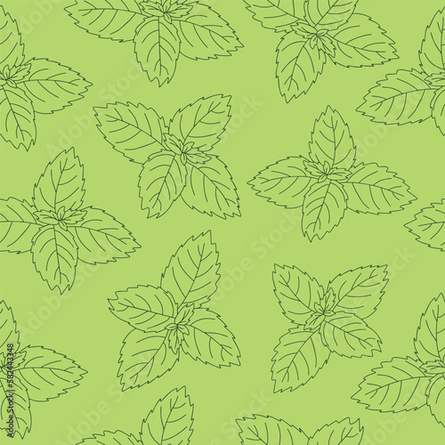 Seamless pattern of mint leaf icon. Isolated illustration of a mint leaf icon in linear style on a green background.