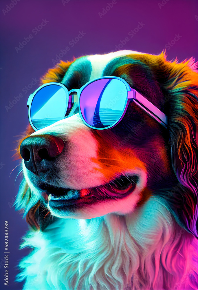 Modern abstract animal portrait, dog with sunglasses on neon purple background. Funny concept. Illustration, Generative AI.