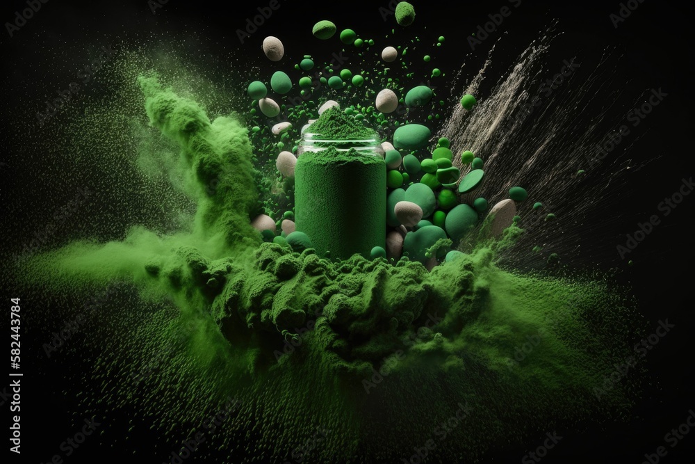Transformation of Green Powder into Pill: A Visual Journey - obrazy, fototapety, plakaty 