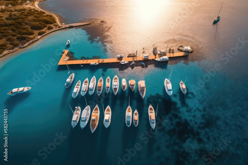 Luxury Oasis.Aerial view of boats and luxury yachts in dock at sunset in summer in Sardinia, Italy. Generative Ai