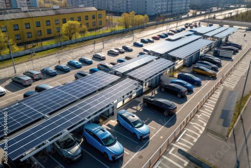 Green Energy Drive. Aerial View Solar Panels Parking