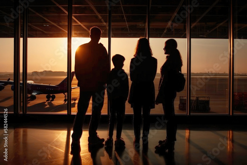 Together on the Journey. At the airport, family holding hand together. Generative Ai