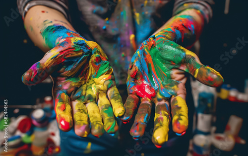 Painter showing palms of hands covered in Colorful Paint. Close up with shallow focus. Concept of painting and making art. Illustrative generative AI.