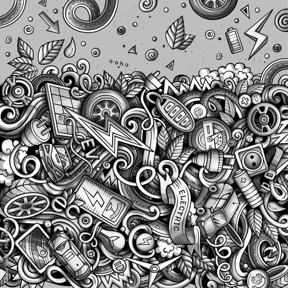 Cartoon cute doodles Electric vehicle frame card. Monochrome detailed, with lots of objects background. All objects separate. Border with eco cars symbols and items