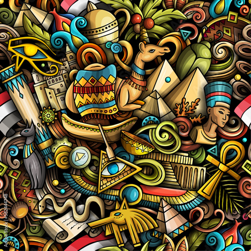 Cartoon doodles Egypt seamless pattern. Backdrop with local Egyptian culture symbols and items. Colorful background for print on fabric, textile, greeting cards, scarves, wallpaper