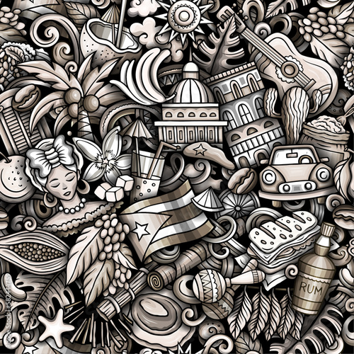 Cartoon doodles Cuba seamless pattern. Backdrop with local Cuban culture symbols and items. Monochrome background for print on fabric, textile, greeting cards, scarves, wallpaper