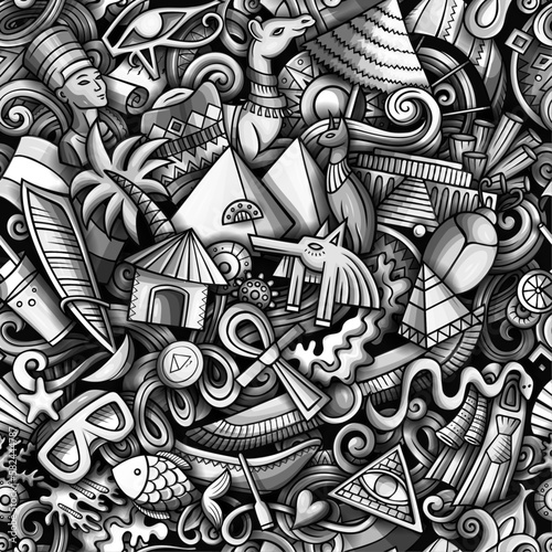 Cartoon doodles Egypt seamless pattern. Backdrop with local Egyptian culture symbols and items. Monochrome background for print on fabric, textile, greeting cards, scarves, wallpaper