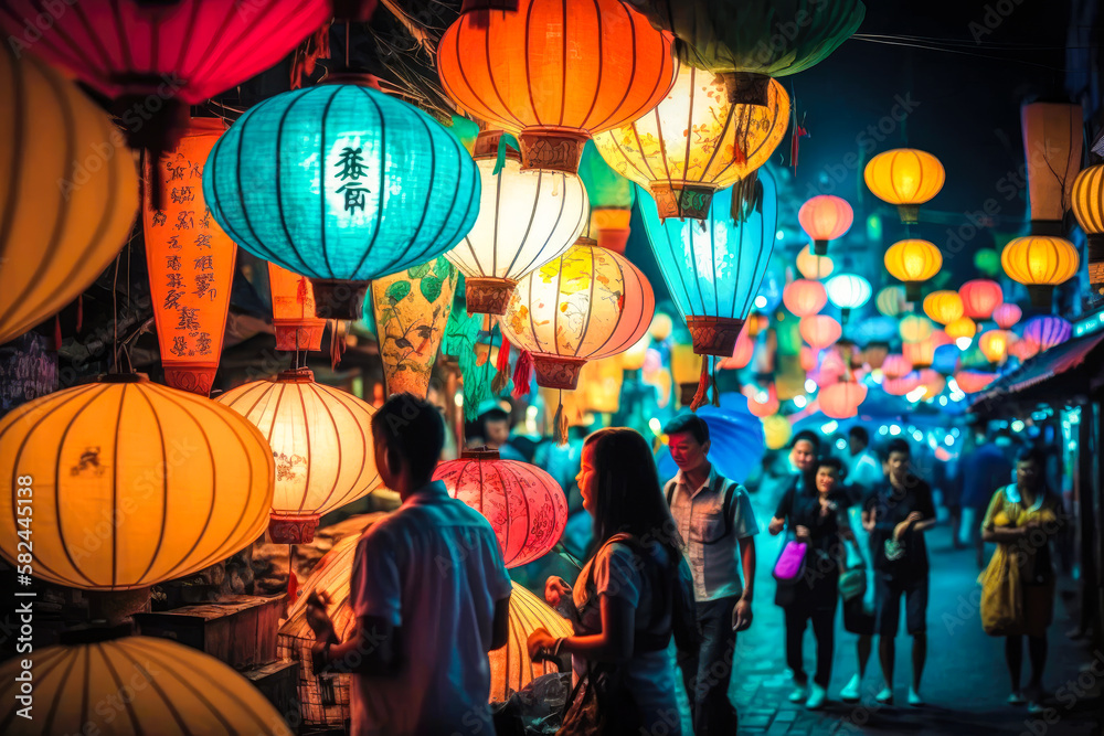 Naklejka premium A vibrant and bustling night market in Taipei, Taiwan, with colorful lanterns, long exposure, illustration - Generative AI